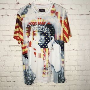Double Needle Mens Large Size L T-Shirt Jersey Shirt White USA Flag Indians Logo